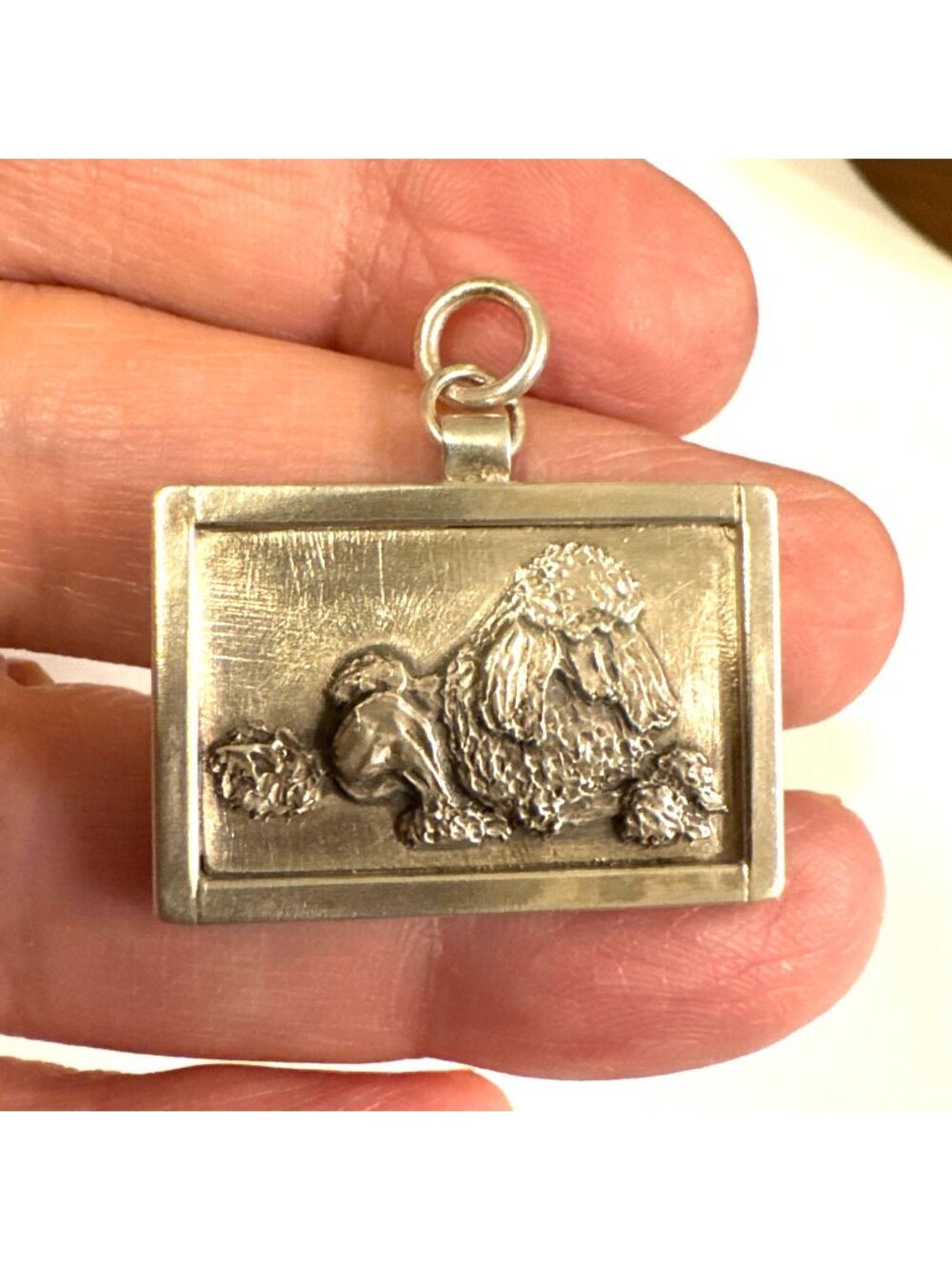 Sterling Silver 925 Textured Poodle Dog Rectangle Pendant Size 1" Length